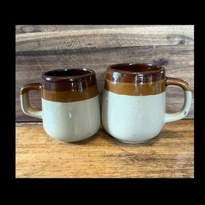 Retro Brown Drip Stoneware Coffee Tea Mugs Cups Striped Pottery MCM Set of 2